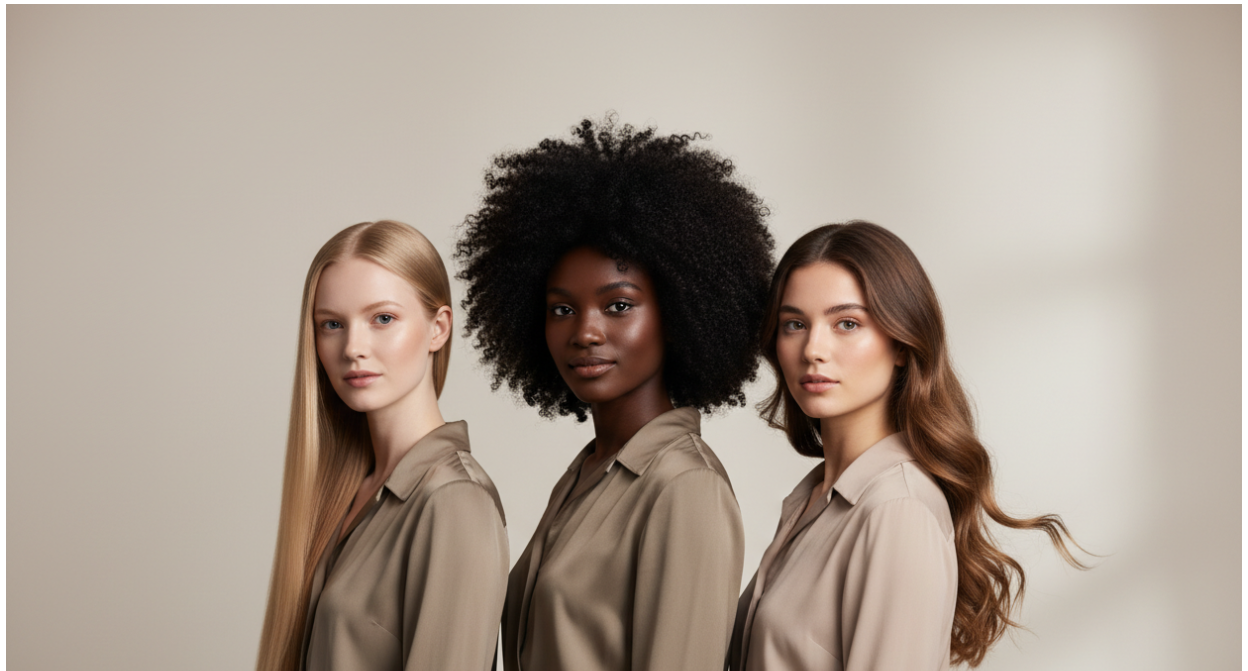 IMAGE PROMPT:
Three young women standing side by side, luxurious healthy hair, beauty & wellness aesthetic.
Woman 1: fair skin, long straight shiny hair.
Woman 2: dark skin, very full tight curly hair, strong volume and texture.
Woman 3: light–medium skin, soft natural wavy hair with movement.
Subjects positioned slightly centered with generous negative space around them, wide composition with extra background for desktop cropping safety.
Clean premium beauty lighting, soft neutral background, natural glow,